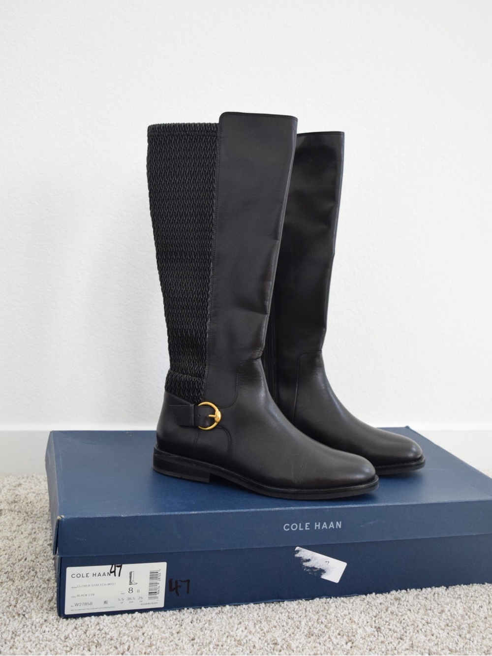 NWT Cole Haan Clover Boot Women 8 Black Tall Riding Boots with Side Buckle